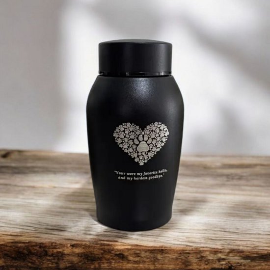 Zwarte RVS Urn met Pootafdrukjes – Favorite Hello Hardest Goodbye