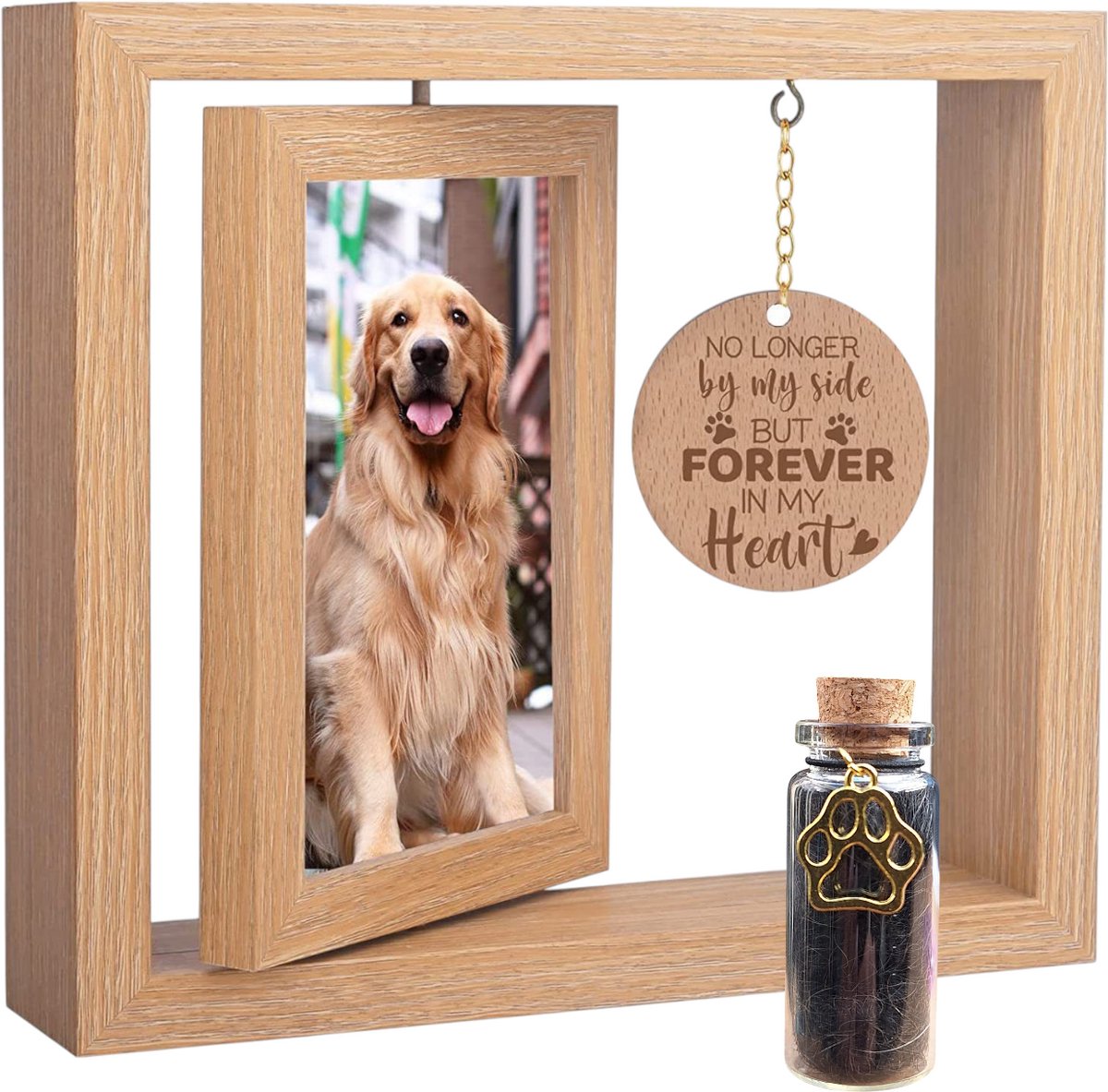 Fotolijst met ruimte voor een mooie foto en bevat een glazen asbuisje waarin je een klein beetje as of een plukje haar kunt bewaren.