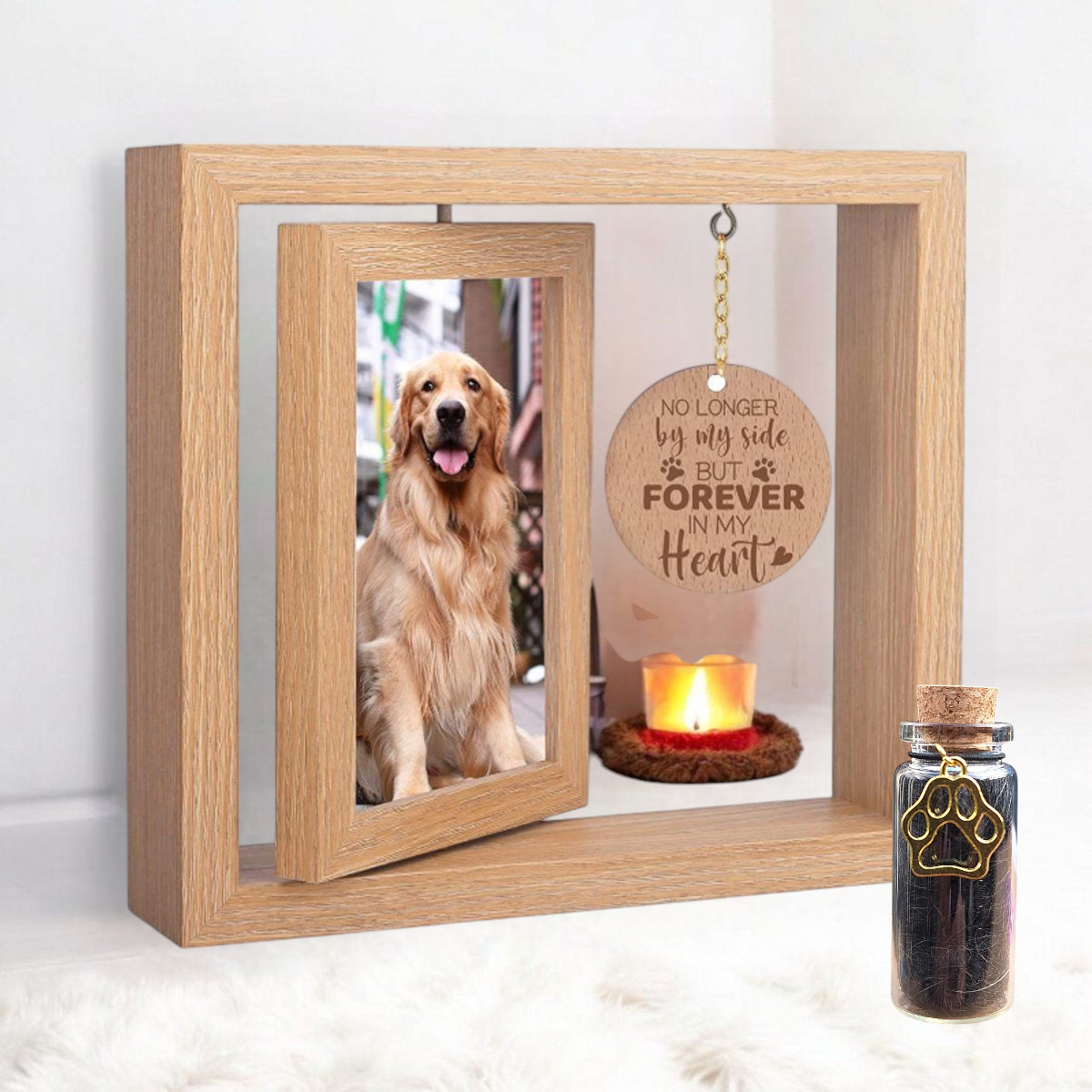 Fotolijst met ruimte voor een mooie foto en bevat een glazen asbuisje waarin je een klein beetje as of een plukje haar kunt bewaren.