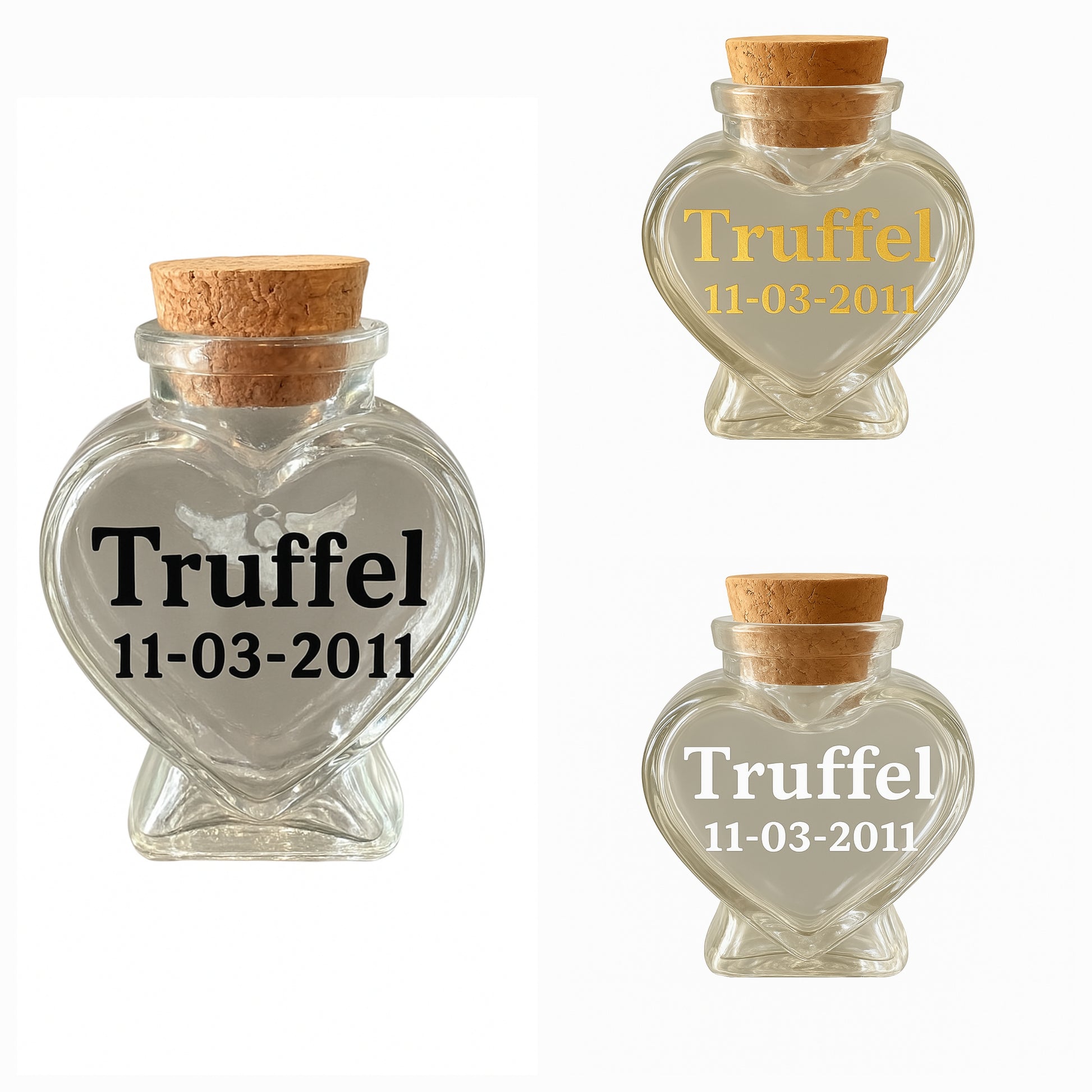 herdenkingsflesje  kan gevuld worden met een klein beetje as, een plukje haar, snorhaartjes of andere kleine aandenken