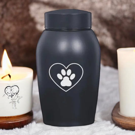 Katten urn - Honden urn - 500 ML - Hart met Pootafdrukje - RVS - Zwart - De laatste aai - Moderne urn - Crematie urn - As urn - Huisdieren urn - Urn voor kat- Urn voor hond - Grote urn