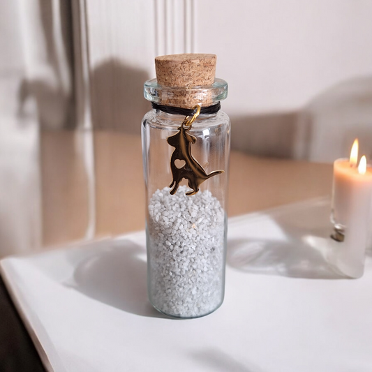 memorial flesje voor hond, gedenkflacon, herinnering hond, aandenken voor hond, bewaren plukjes vacht of wat as,  gedenkflesje voor hond