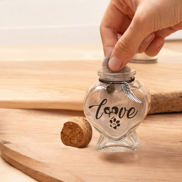 memorial flesje voor hond, gedenkflacon, herinnering hond, aandenken voor hond, bewaren plukjes vacht of wat as,  gedenkflesje voor hond