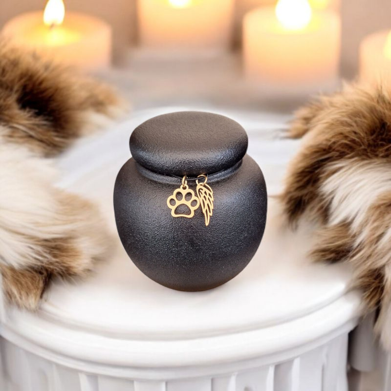 Mini urn met keepsake hangertjes – Een liefdevolle herinnering aan jouw huisdier - 7 x 7 CM - Honden urn - Katten urn - Zwart - Keramiek - Moderne urn - Crematie urn - As urn - Huisdieren urn - Urn voor kat- Urn voor hond