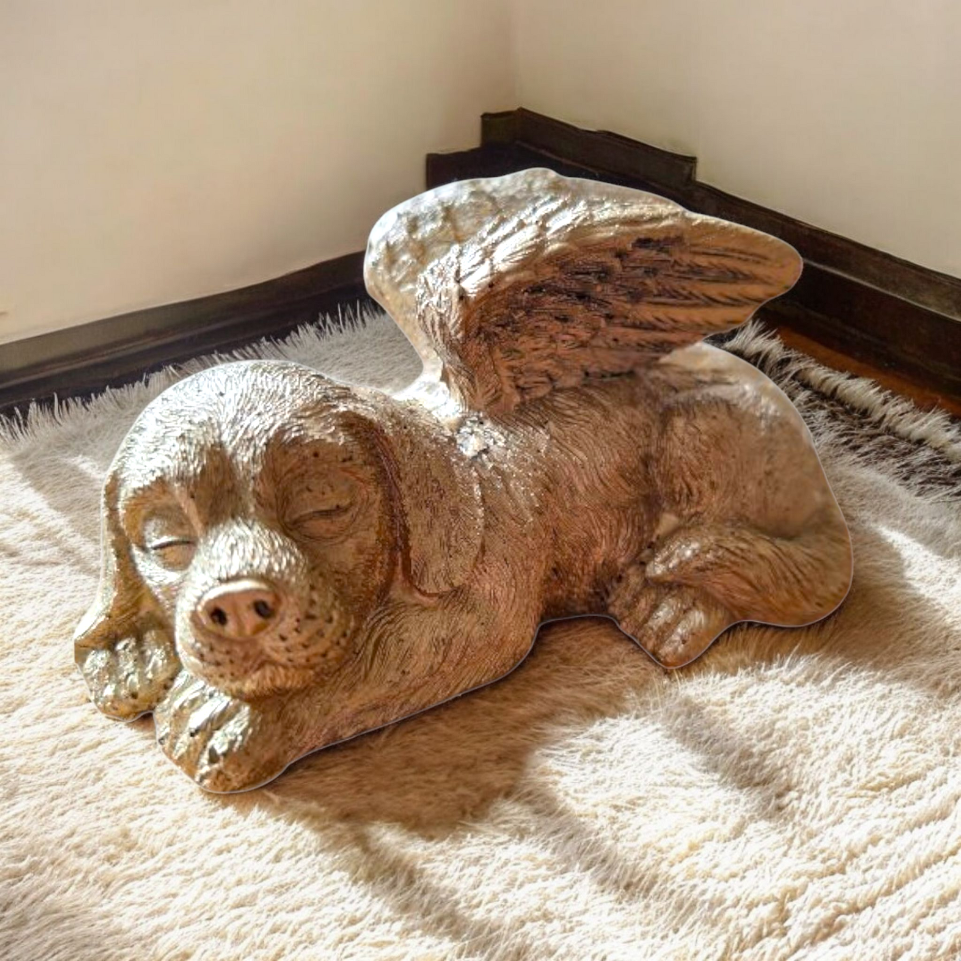 liefdevol beeldje van een hondje met engelenvleugels