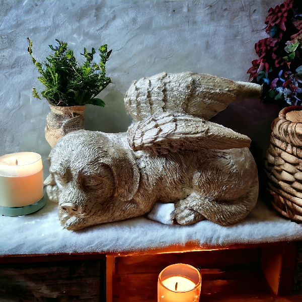 Beeld slapend hondje met engelen vleugels