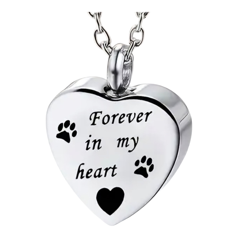 Zilverkleurige as hanger in de vorm van een hartje, met pootafdrukjes  en de tekst: "Forever in my heart"