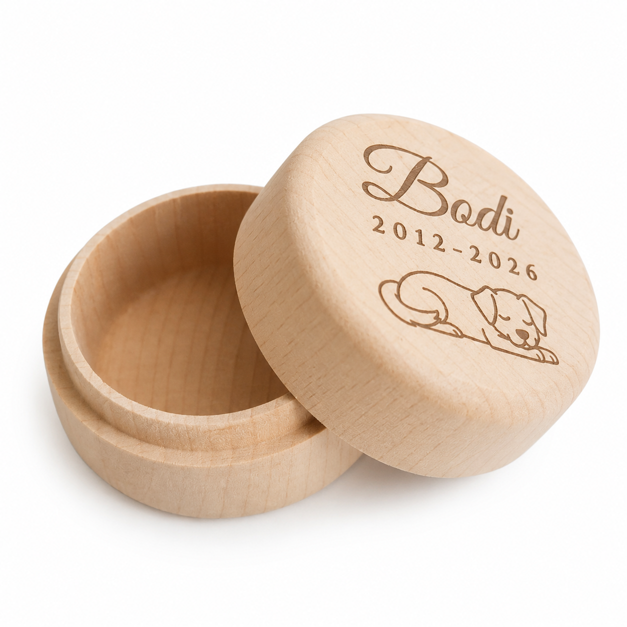 Houten herinneringsdoosje met memorial flesje – Hond - Gepersonaliseerd