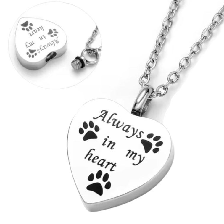 Stijlvolle hartvormige hanger in het zilverkleur, met pootafdrukjes en de tekst: "Always in my heart"