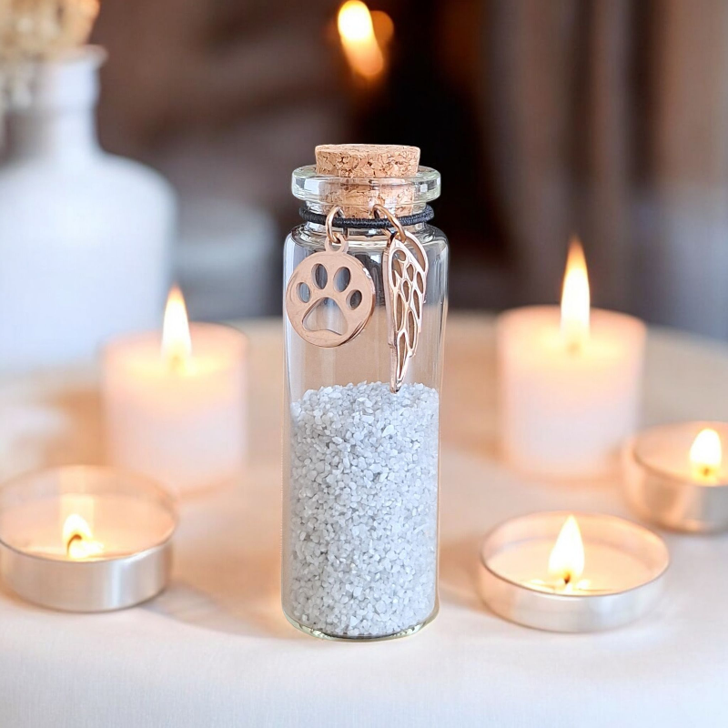 Herdenkingsflesje van glas met kurk, geschikt voor een beetje as