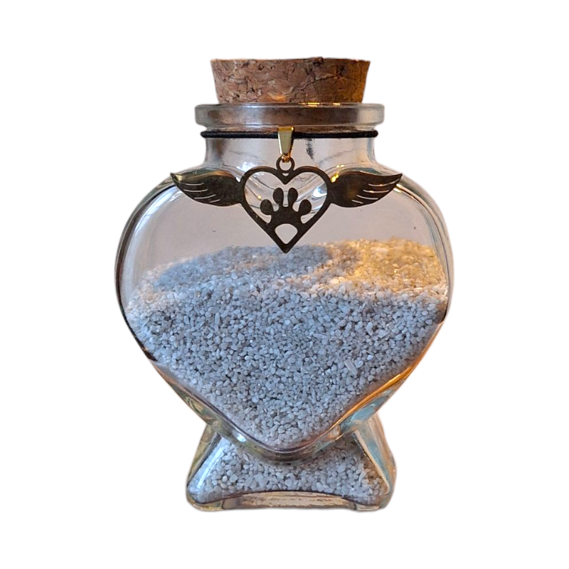 memorial flesje  wat gevuld kan worden met een klein beetje as, een plukje haar, snorhaartjes of andere kleine aandenken.