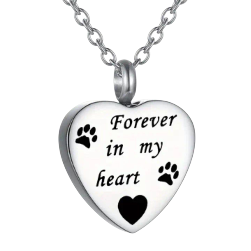 Zilverkleurige as hanger in de vorm van een hartje, met pootafdrukjes  en de tekst: "Forever in my heart"