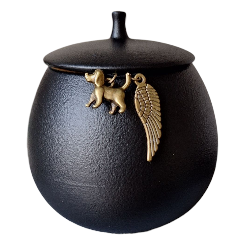 Mini urn zwart voor hond, met 2 bronzen keepsake hangertjes