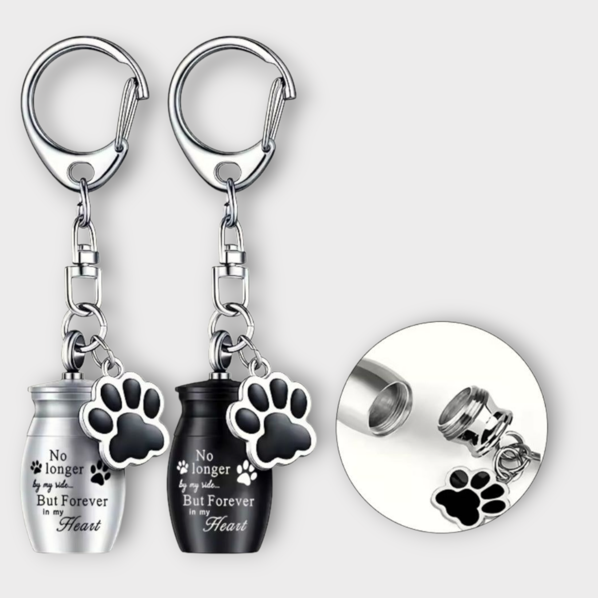 sleutelhanger met mini urn met tekst "No longer by my side, but forever in my heart"