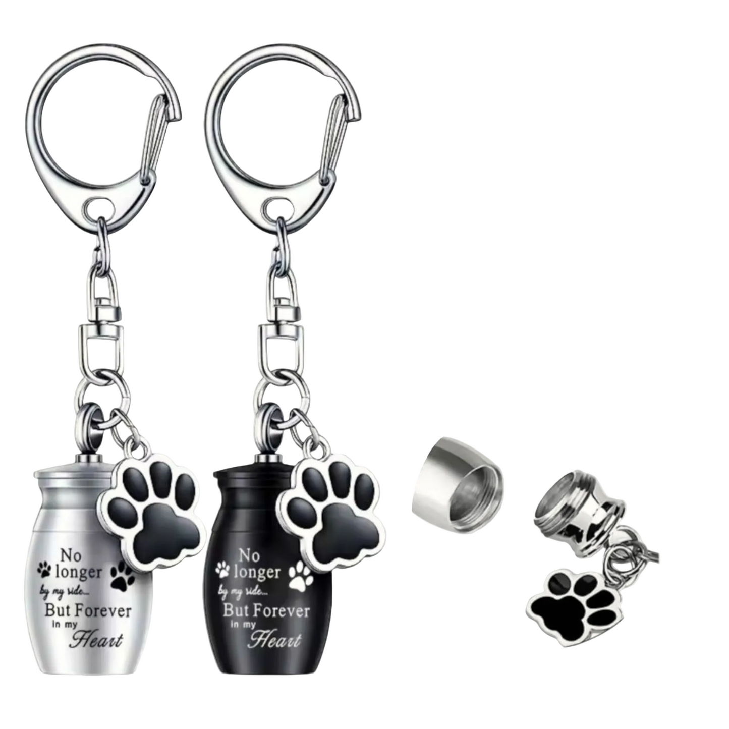 sleutelhanger met mini urn met tekst "No longer by my side, but forever in my heart"