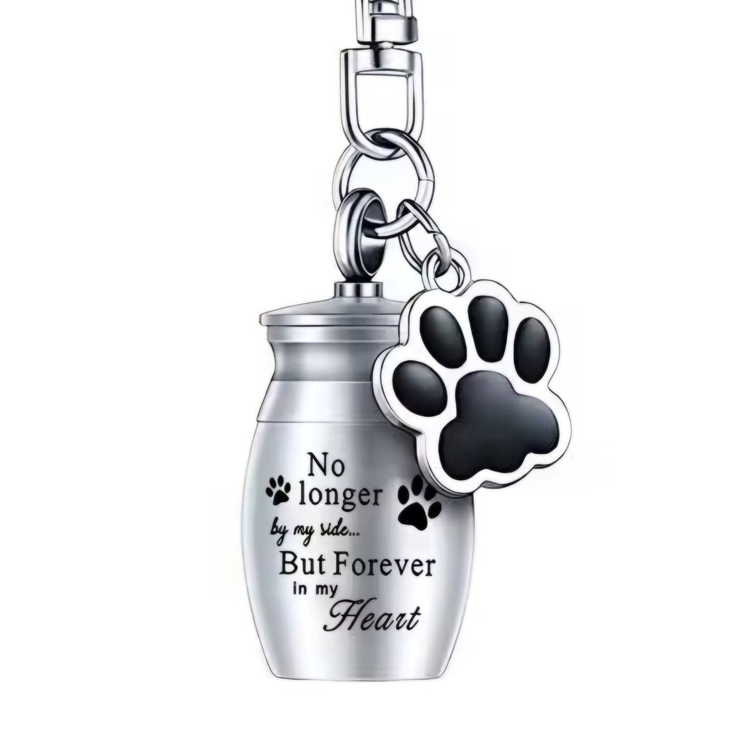 sleutelhanger met mini urn met tekst "No longer by my side, but forever in my heart"