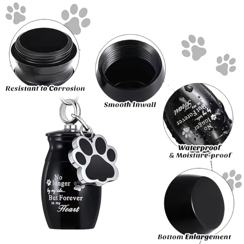 sleutelhanger met mini urn met tekst "No longer by my side, but forever in my heart"