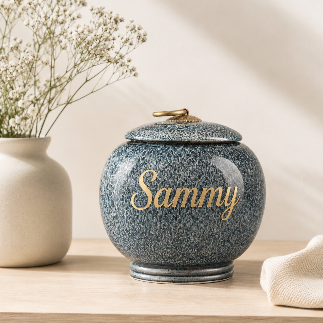 Zwarte keramische honden urn met gouden hondje op deksel, rond model van 13 cm breed
