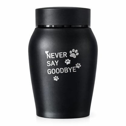 Minimalistische urn voor dierenas met witte tekst 

