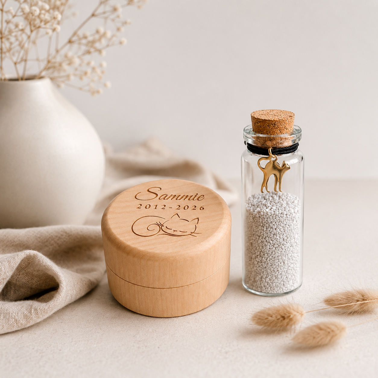 Hölzernes Erinnerungskästchen mit Memorial-Fläschchen – Katze – Personalisiert