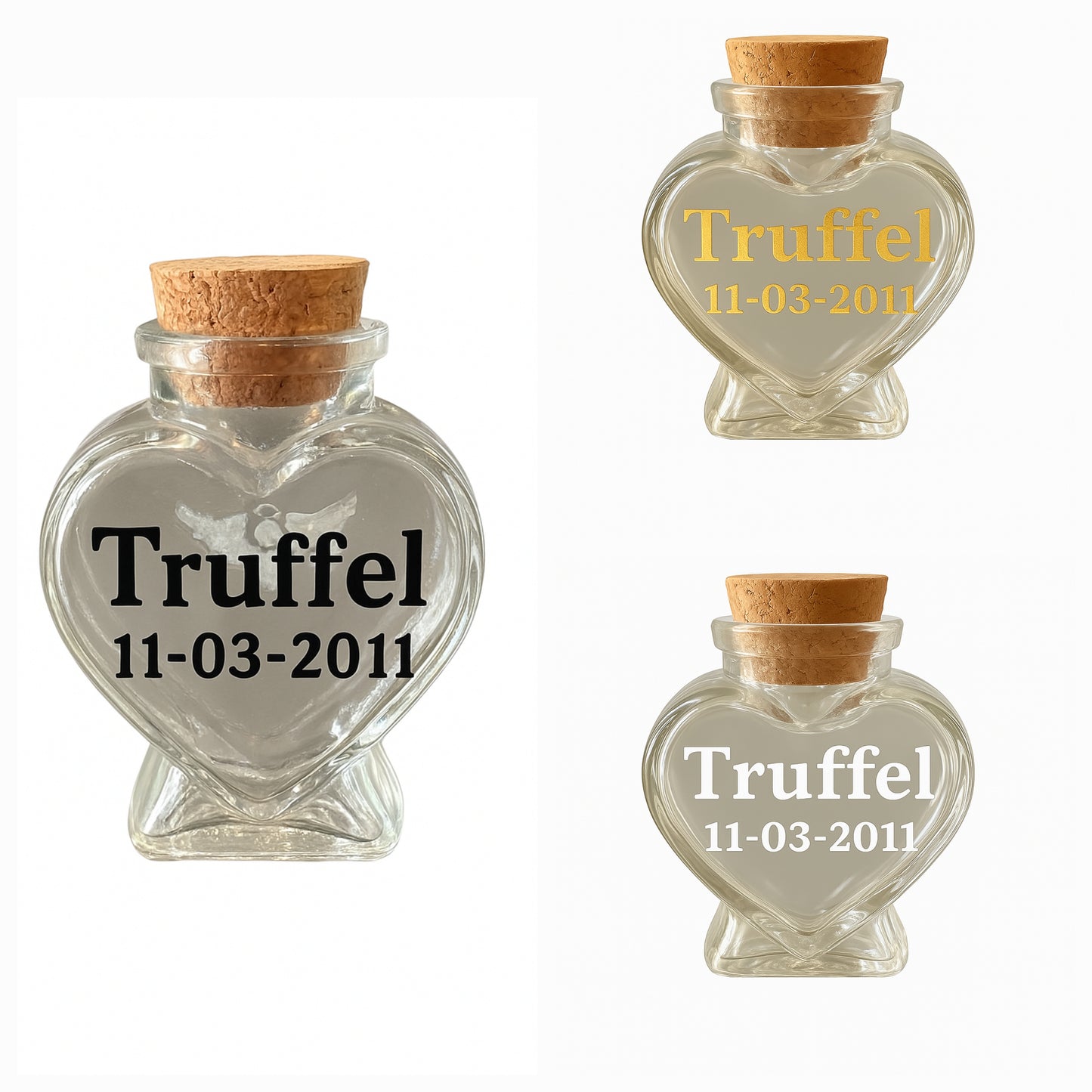 herdenkingsflesje  kan gevuld worden met een klein beetje as, een plukje haar, snorhaartjes of andere kleine aandenken