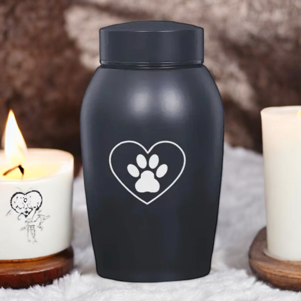 Katten urn - Honden urn - 500 ML - Hart met Pootafdrukje - RVS - Zwart - De laatste aai - Moderne urn - Crematie urn - As urn - Huisdieren urn - Urn voor kat- Urn voor hond - Grote urn
