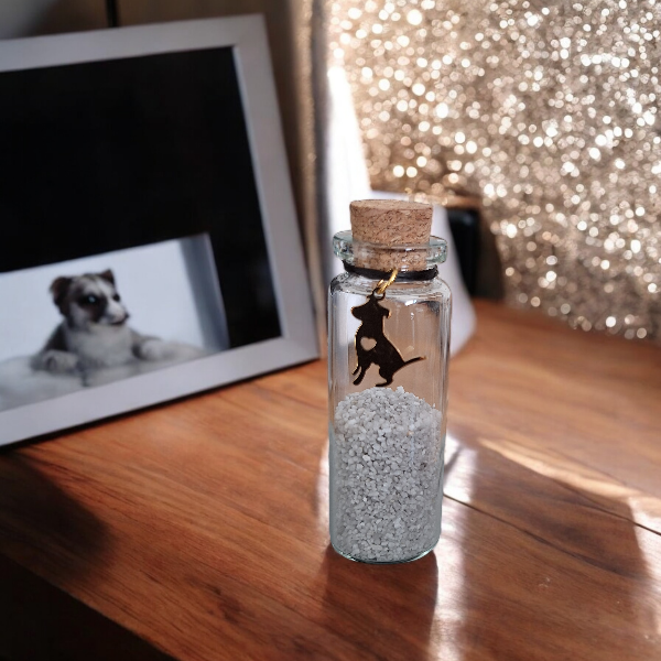 memorial flesje voor hond, gedenkflacon, herinnering hond, aandenken voor hond, bewaren plukjes vacht of wat as,  gedenkflesje voor hond