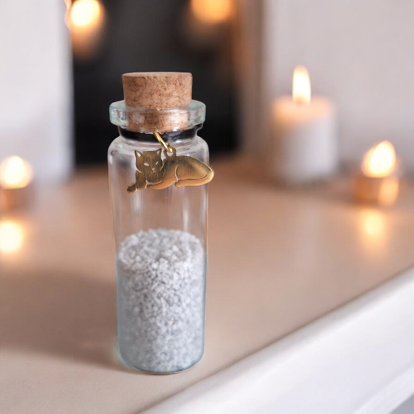 memorial fles voor kat, gedenkflacon, herinnering kat, aandenken voor kat, bewaren plukjes vacht, gedenkflesje voor kat