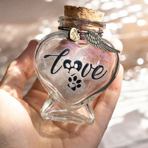 memorial flesje voor hond, gedenkflacon, herinnering hond, aandenken voor hond, bewaren plukjes vacht of wat as,  gedenkflesje voor hond