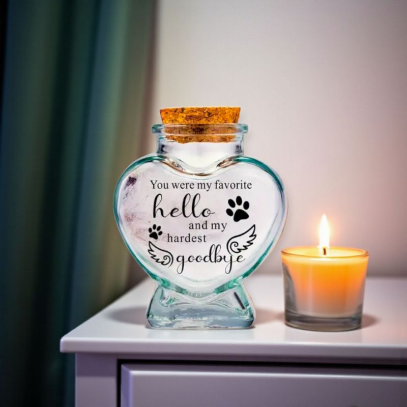 memorial fles voor kat of hond, gedenkflacon, herinnering aan kat of hond, bewaren plukjes vacht van kat of hond