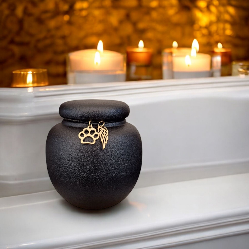Mini urn met keepsake hangertjes – Een liefdevolle herinnering aan jouw huisdier - 7 x 7 CM - Honden urn - Katten urn - Zwart - Keramiek - Moderne urn - Crematie urn - As urn - Huisdieren urn - Urn voor kat- Urn voor hond

