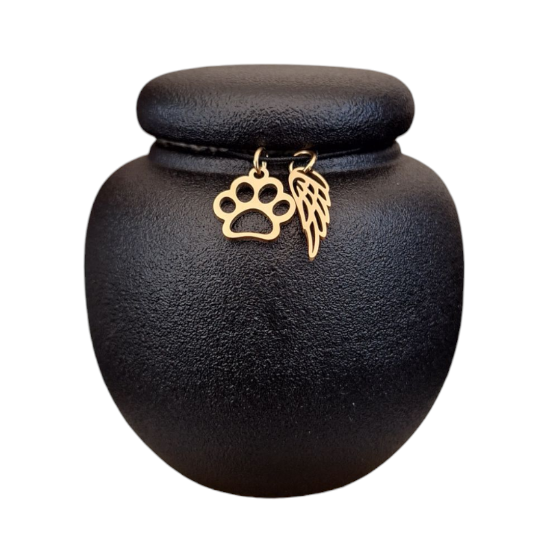 Mini urn met keepsake hangertjes – Een liefdevolle herinnering aan jouw huisdier - 7 x 7 CM - Honden urn - Katten urn - Zwart - Keramiek - Moderne urn - Crematie urn - As urn - Huisdieren urn - Urn voor kat- Urn voor hond
