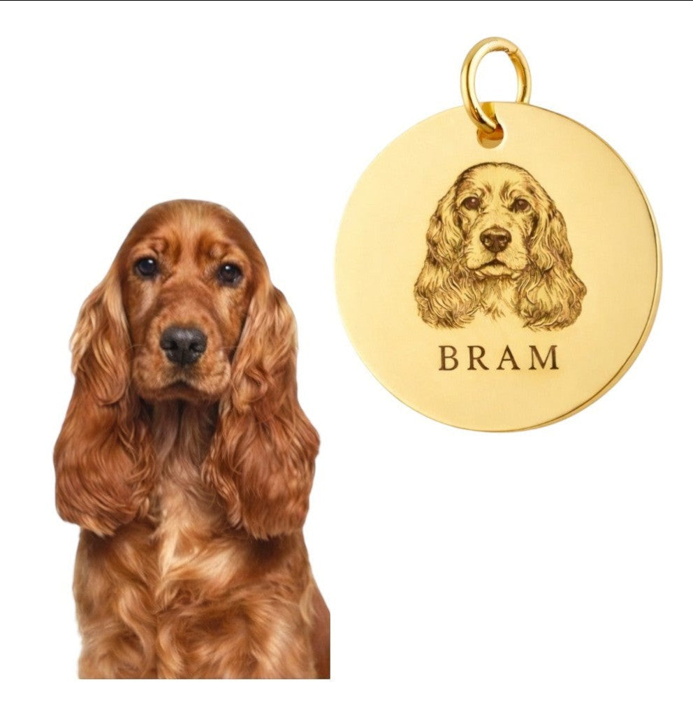 De laatste aai gouden RVS hanger met gegraveerde portretfoto en naam van een hond als persoonlijk gedenksieraad