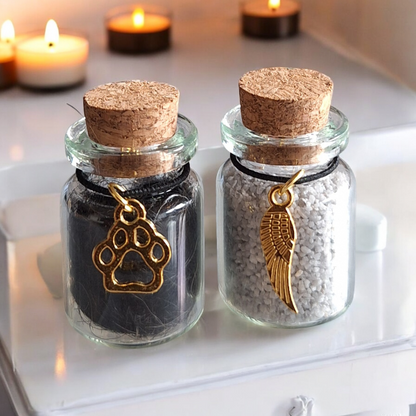 memorial flesjes, set van 2 stuks,  voor kat of hond, gedenkflacon, herinnering aan kat of hond, bewaren plukjes vacht van kat of hond