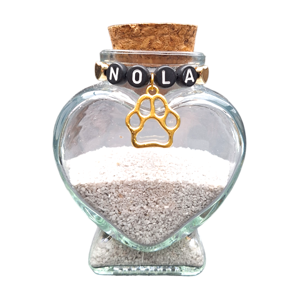 memorial flesje met naam voor kat of hond, gedenkflacon, herinnering aan kat of hond, bewaren plukjes vacht van kat of hond