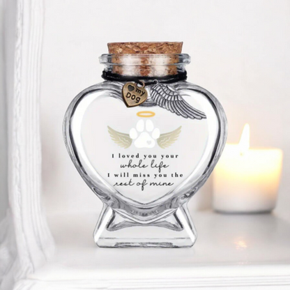 memorial flesje voor hond, gedenkflacon, herinnering hond, aandenken voor hond, bewaren plukjes vacht of wat as,  gedenkflesje voor hond