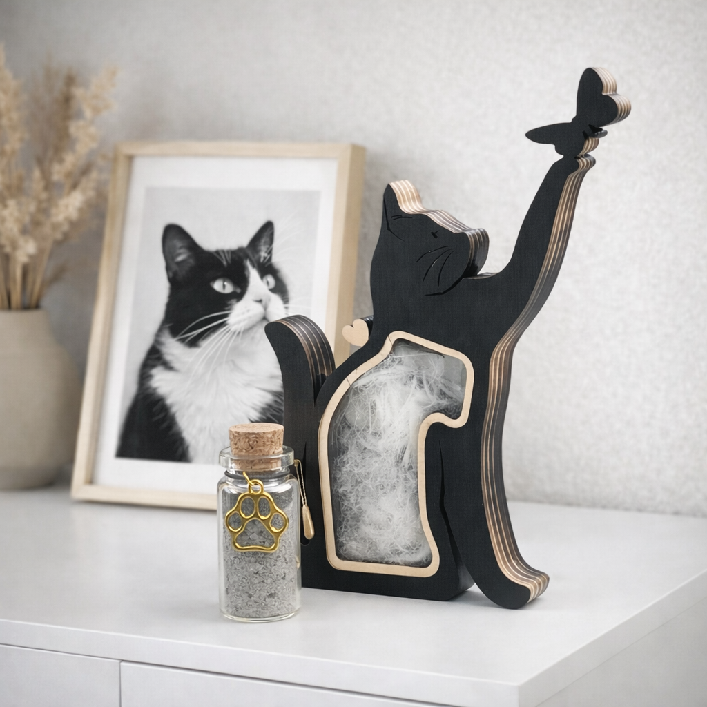 houten kat om plukjes haar van je kat te bewaren