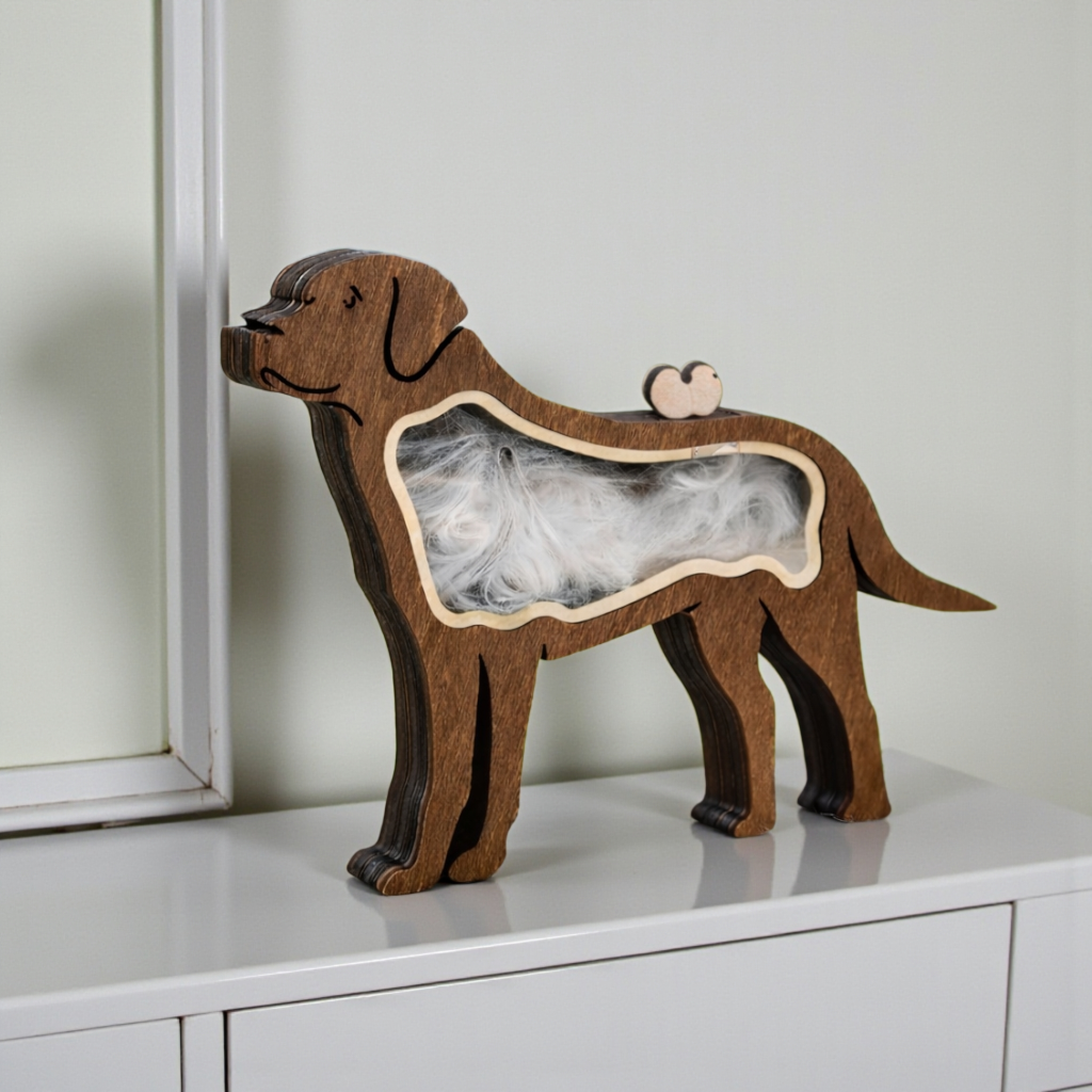 houten hond ontworpen om plukjes haar van je hond te  bewaren