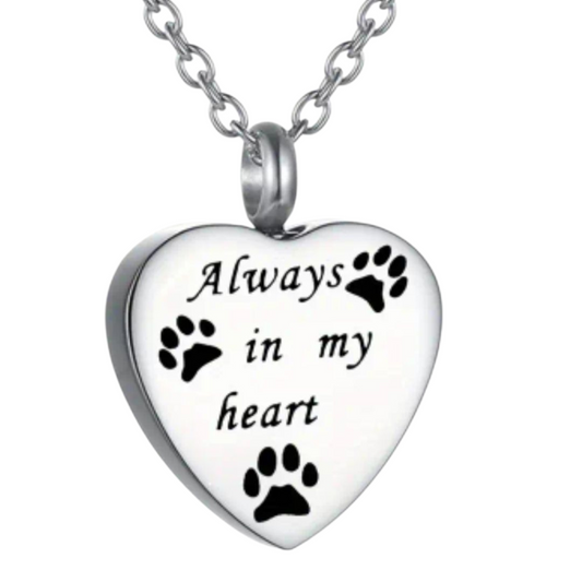 Stijlvolle hartvormige hanger in het zilverkleur, met pootafdrukjes en de tekst: "Always in my heart"