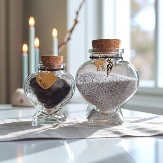 Met deze memorial flesjes kun je op een liefdevolle manier een tastbare herinnering bewaren aan jouw geliefde kat. Eén flesje voor een plukje haar, het andere voor een beetje as.