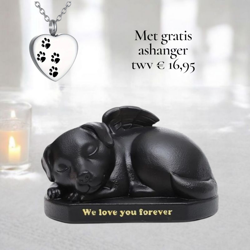 Urn in de vorm van een hond met de tekst we love you forever