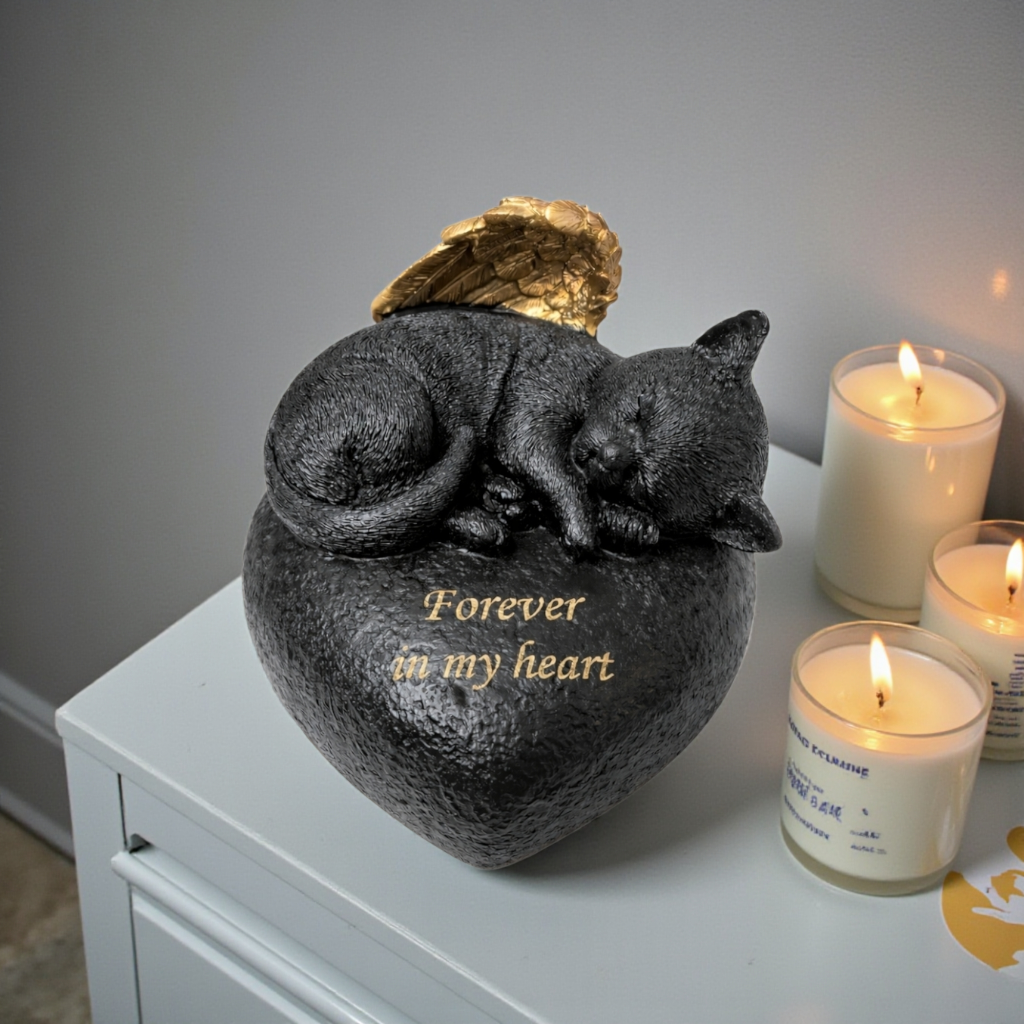 hartvormige gedenkurn voorzien van een vredig slapend katje met gouden engelenvleugels