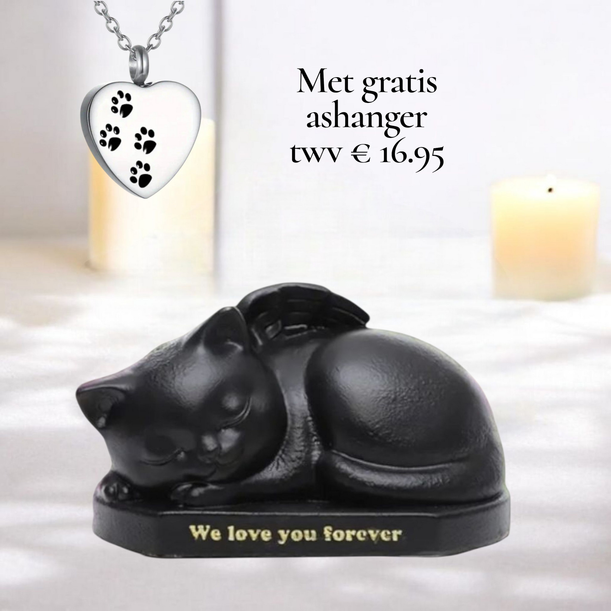 Urn in de vorm van een kat met de tekst we love you forever