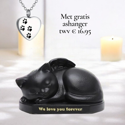Urn in de vorm van een kat met de tekst we love you forever