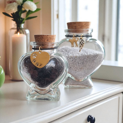 Met deze memorial flesjes kun je op een liefdevolle manier een tastbare herinnering bewaren aan jouw geliefde kat. Eén flesje voor een plukje haar, het andere voor een beetje as.