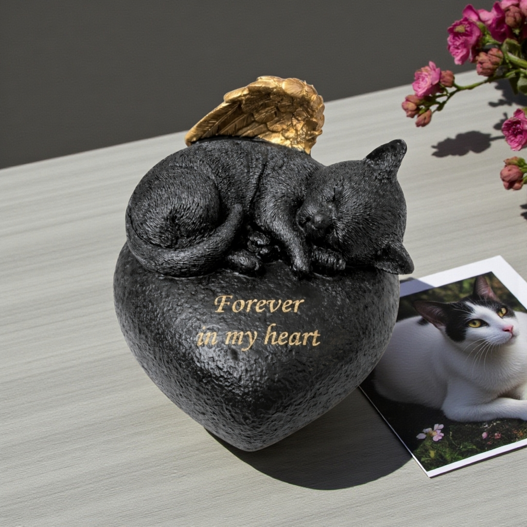 hartvormige gedenkurn voorzien van een vredig slapend katje met gouden engelenvleugels