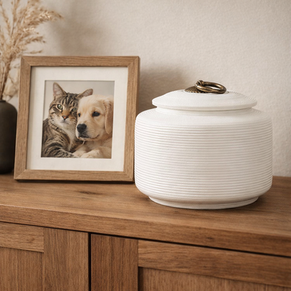 Elegante witte urn van keramiek voor as van hond of kat

