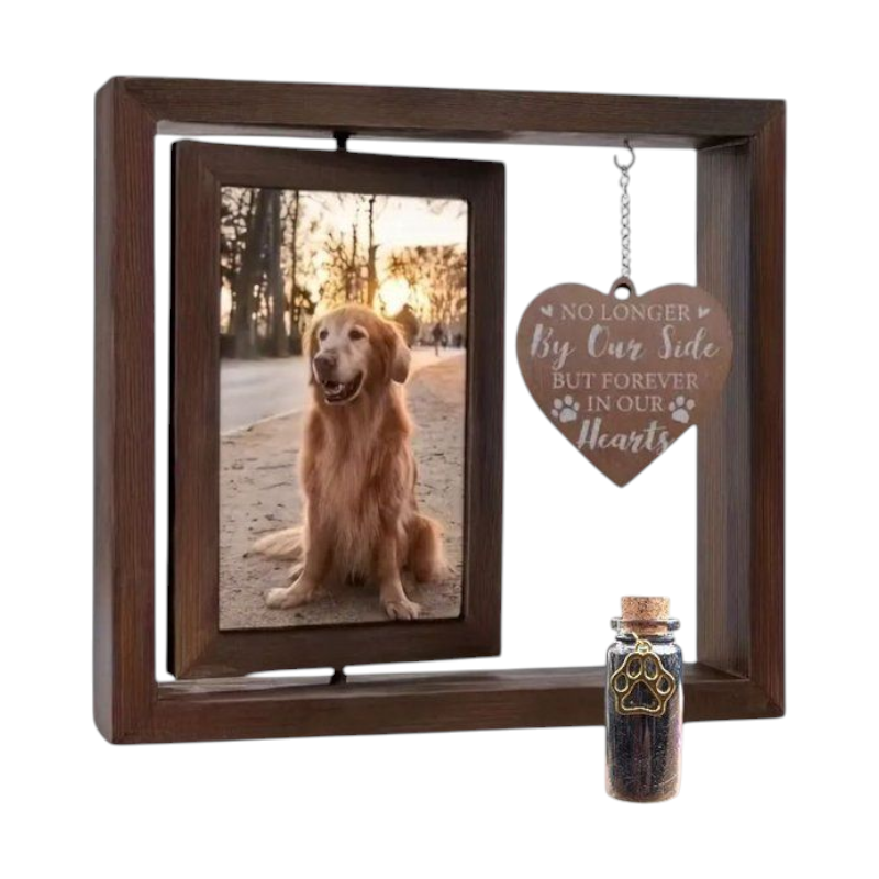 Prachtige gedenk fotolijst met glazen asbuisje en houten hanger. Een liefdevolle plek voor een foto en een dierbaar aandenken aan jouw huisdier.