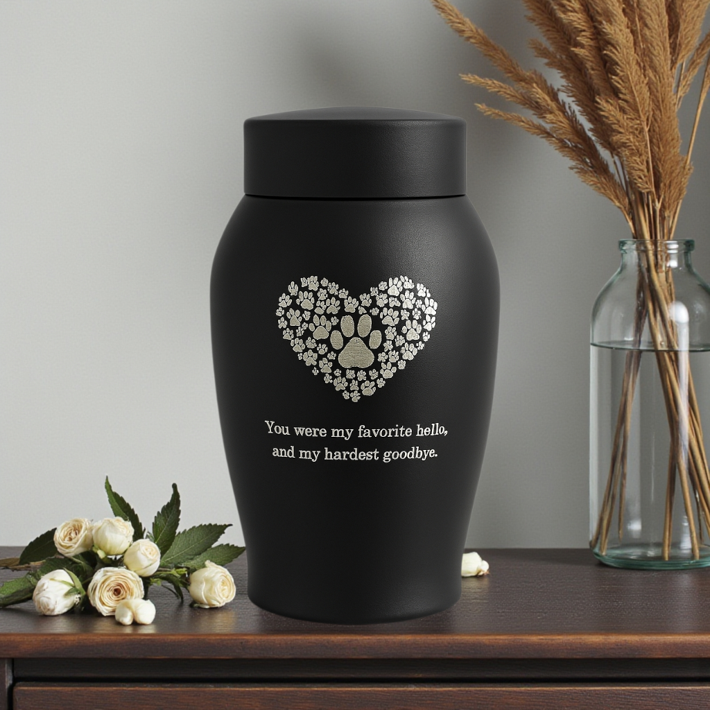 Urn voor dierenas met de tekst 'You were my favorite hello…', gefotografeerd in een rustige, minimalistische setting.