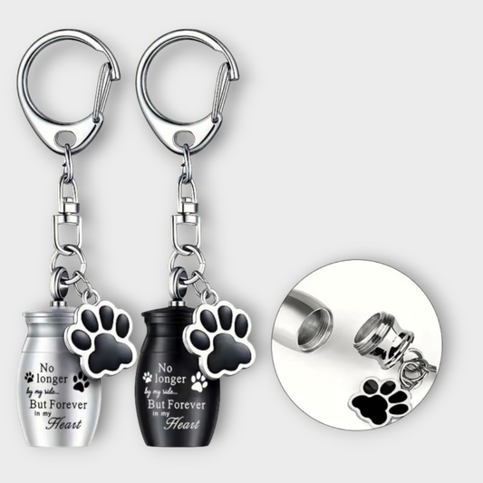 sleutelhanger met mini urn met tekst "No longer by my side, but forever in my heart"